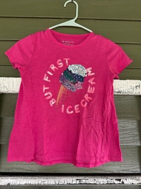 Girls' Hot Pink Short Sleeve Tee with Sequin Ice Cream Graphic